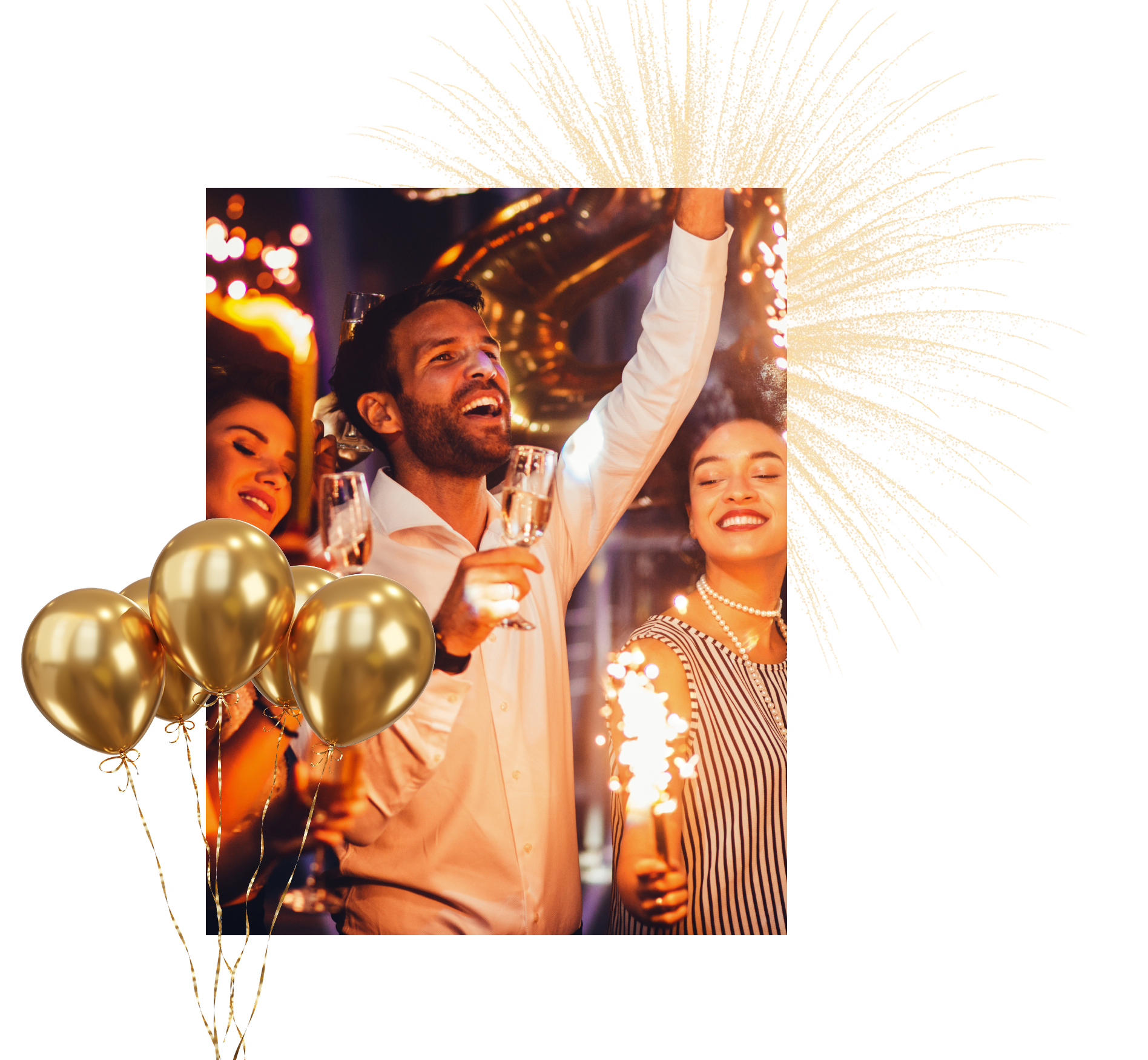 Friends celebrating with champagne and sparklers at a private event